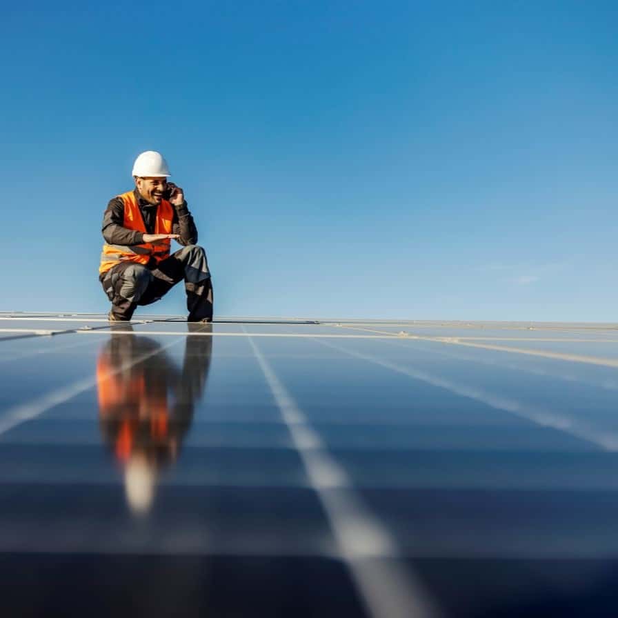 Homme téléphonant derrière un panneau solaire